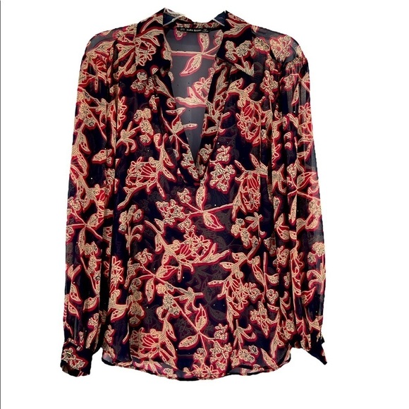 𝅺Zara Floral Red & Blue Oversized V Neck Studded Blouse SZ M - Picture 3 of 12